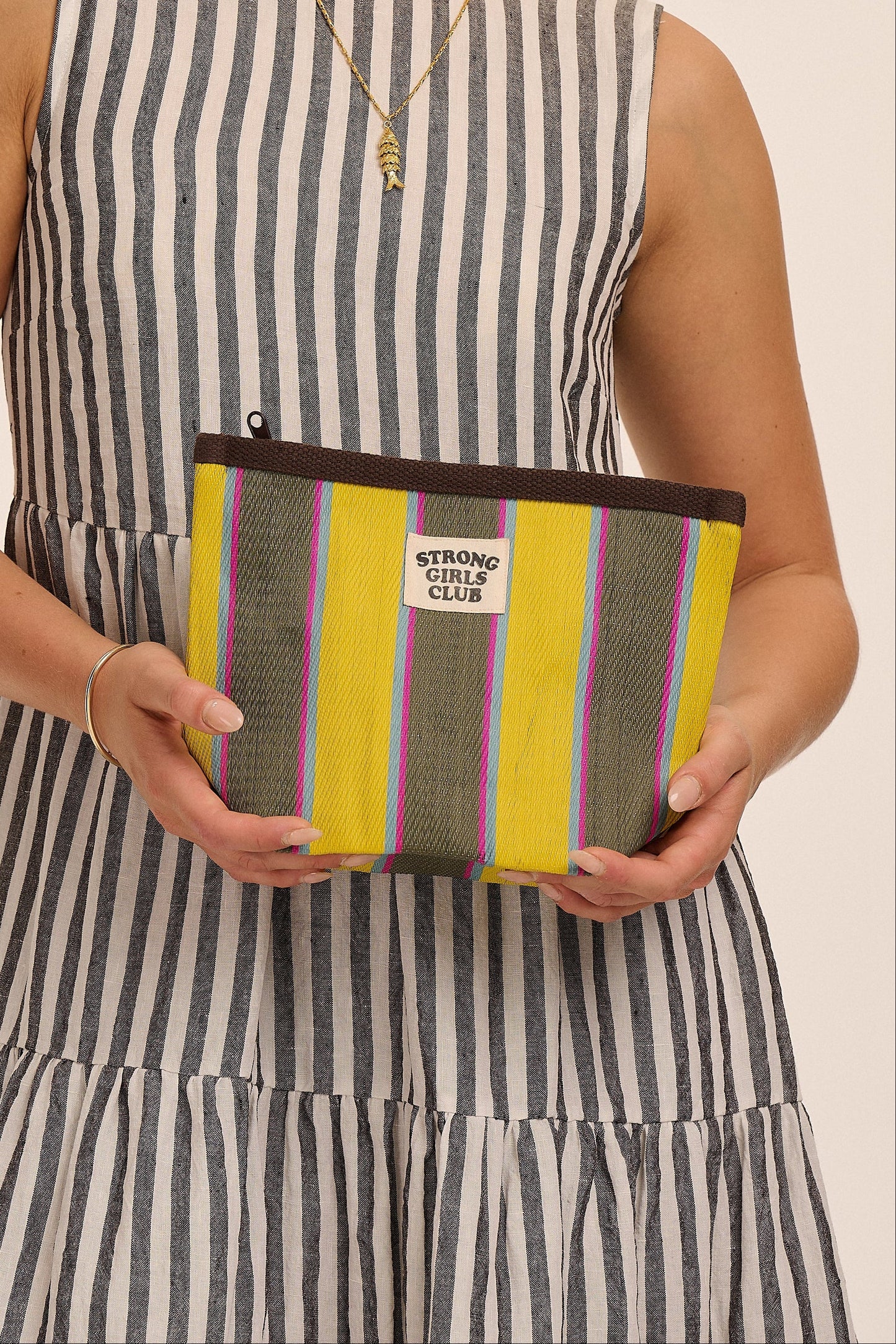 Recycled Nylon Striped Pouch - Yellow & Khaki