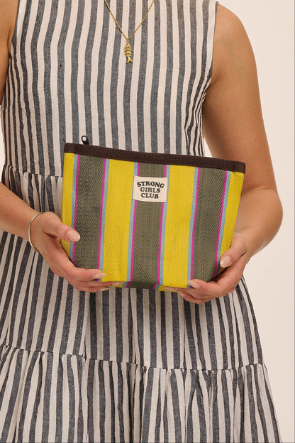 Recycled Nylon Striped Pouch - Yellow & Khaki