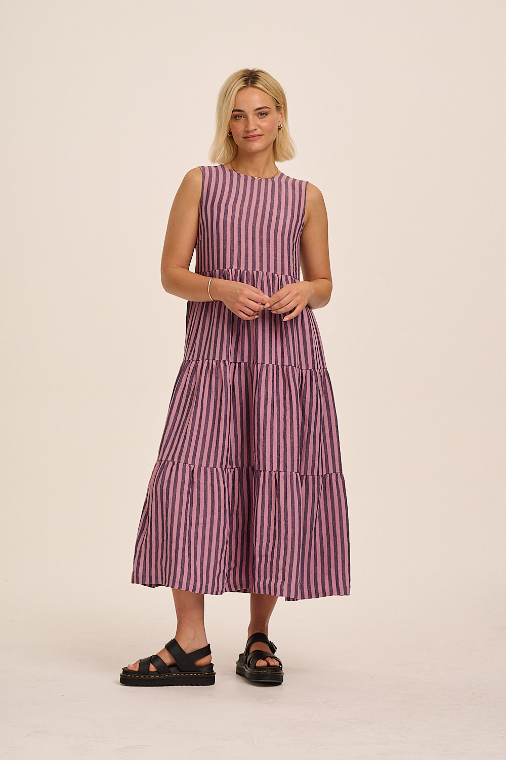 Frankie Linen Dress - Purple & Pink Stripe