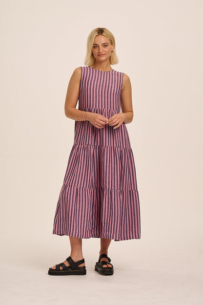 Frankie Linen Dress - Purple & Pink Stripe