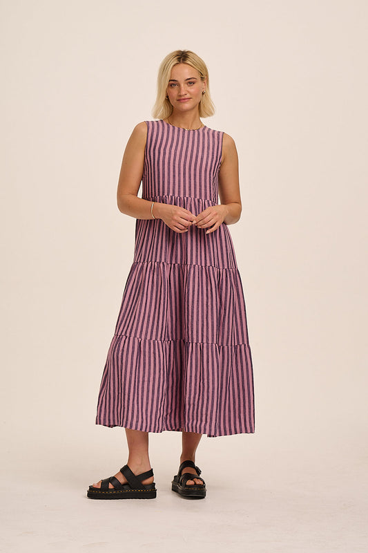 Frankie Linen Dress - Purple & Pink Stripe