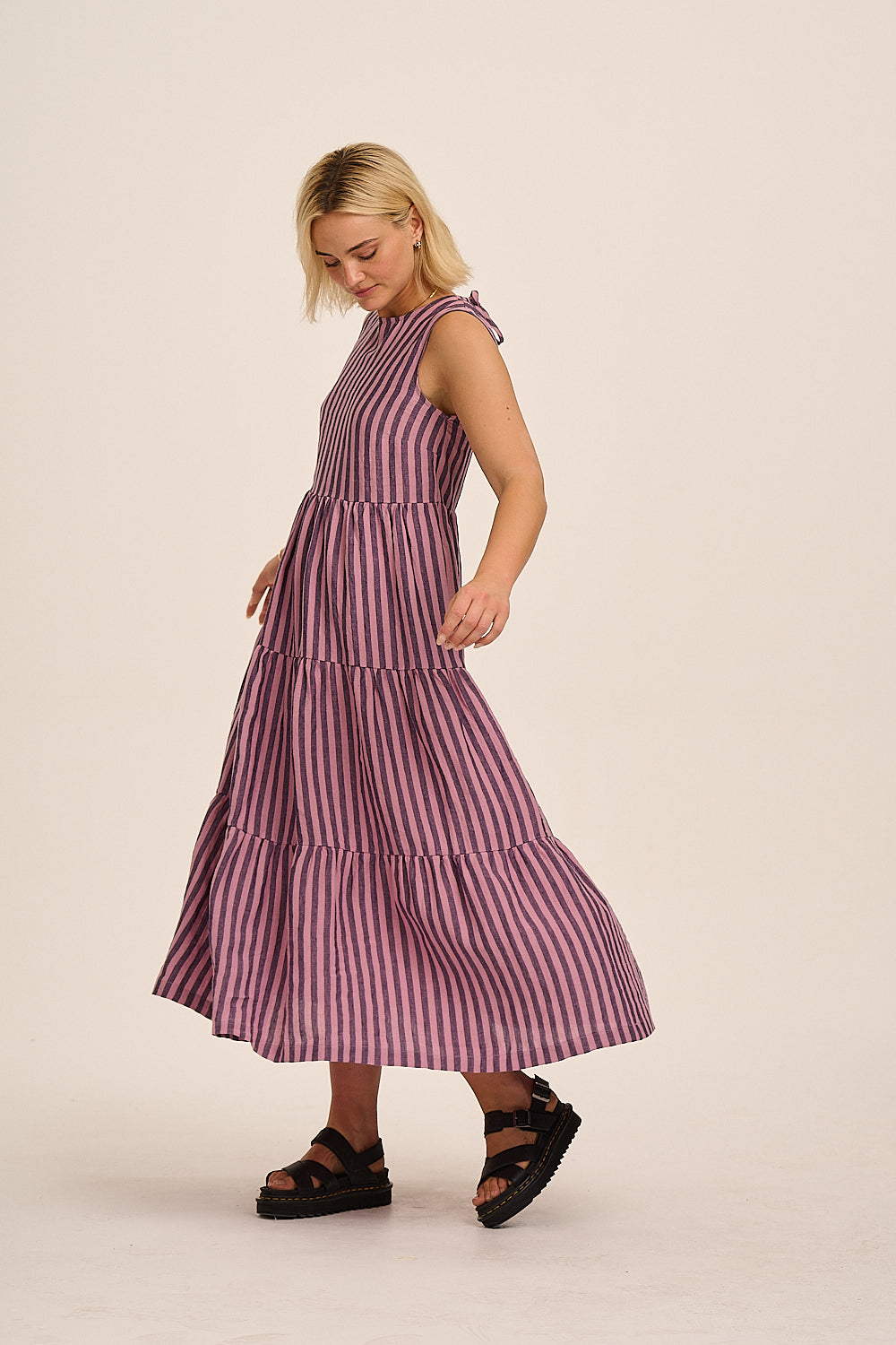 Frankie Linen Dress - Purple & Pink Stripe
