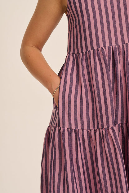 Frankie Linen Dress - Purple & Pink Stripe