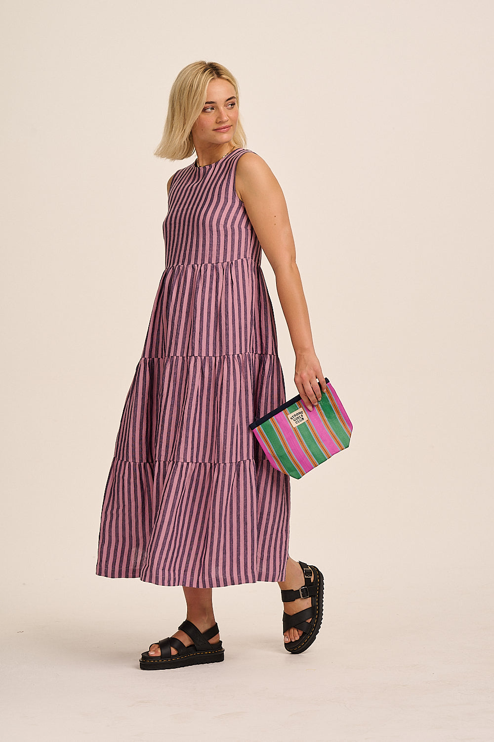 Recycled Nylon Striped Pouch - Pink & Green