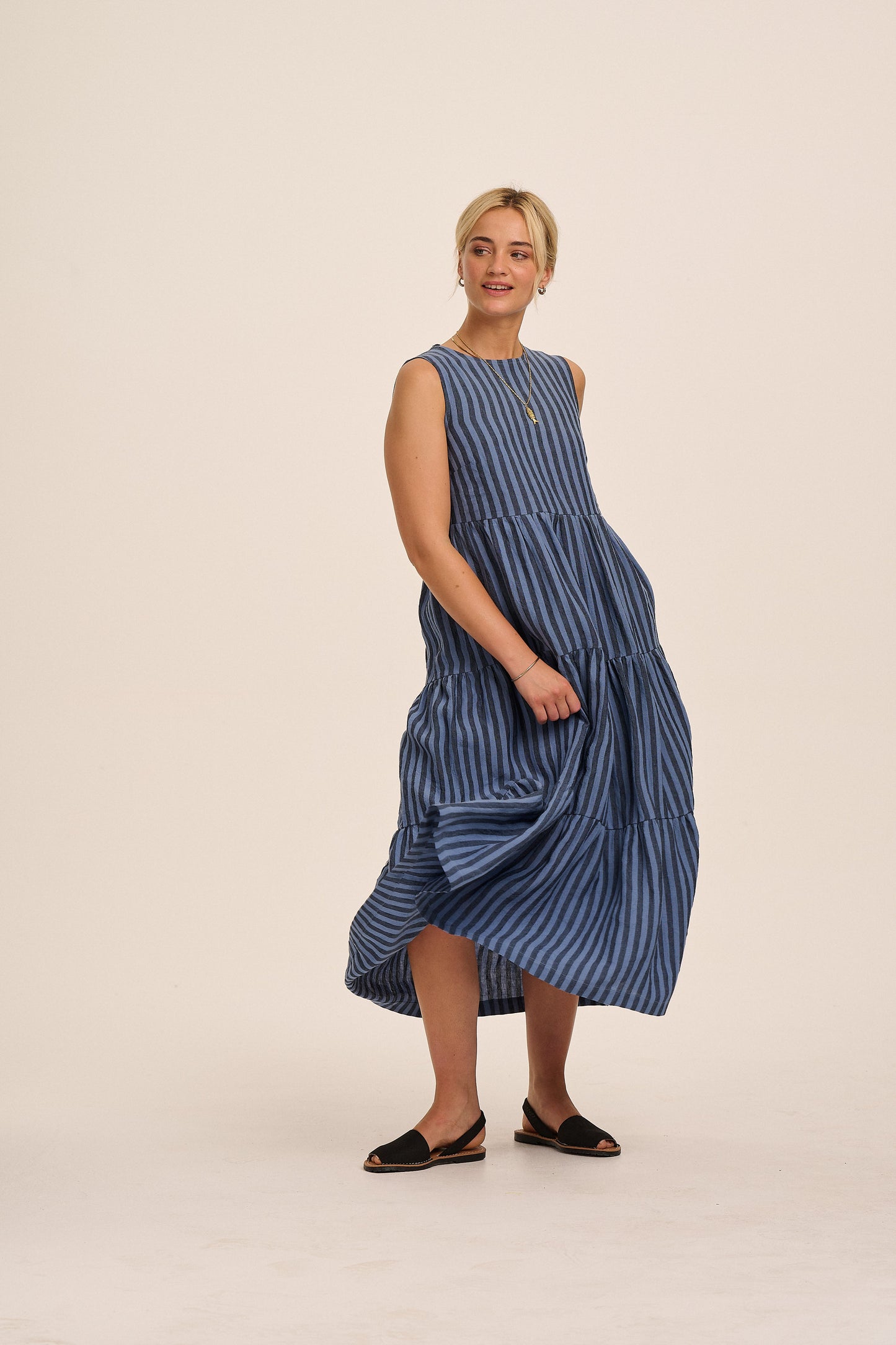 Frankie Linen Dress - Tonal Blue Stripe