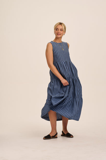 Frankie Linen Dress - Tonal Blue Stripe