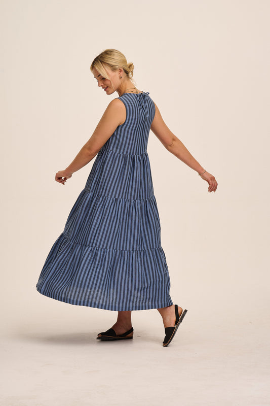 Frankie Linen Dress - Tonal Blue Stripe