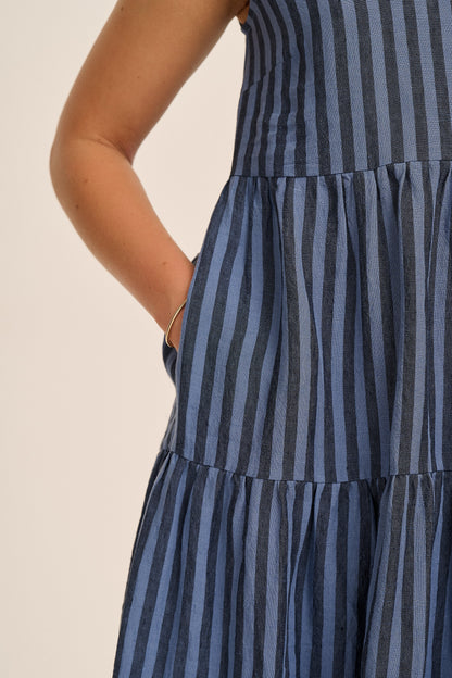 Frankie Linen Dress - Tonal Blue Stripe