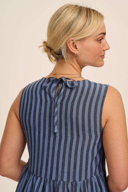 Frankie Linen Dress - Tonal Blue Stripe