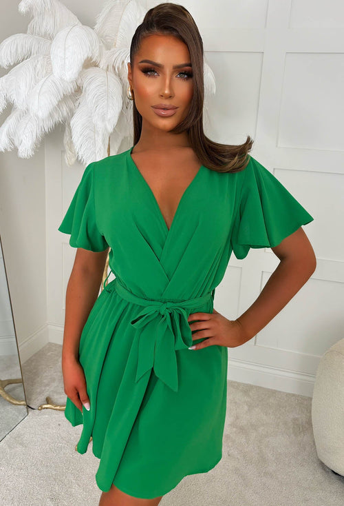 Fun To Be Free Green V Neck Elasticated Waist Belted Mini Dress