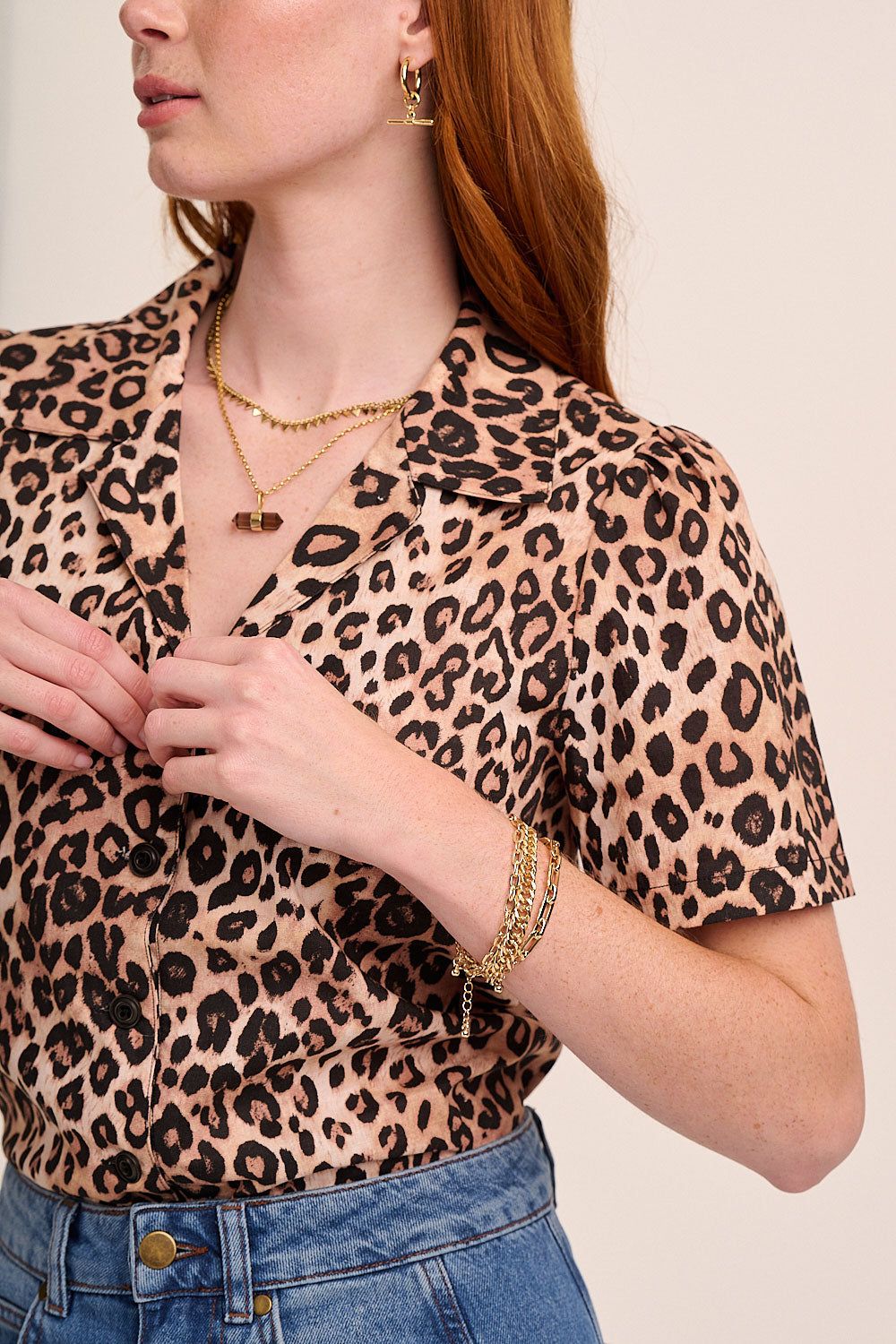 Lola Button Front Leopard Linen Top