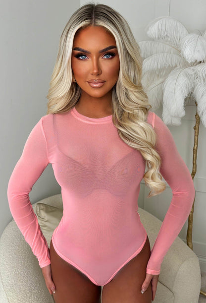 Hard To Miss Coral Sheer Mesh Bodysuit