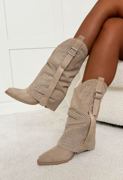 Hoedown Throwdown Beige Faux Suede Buckle Boots