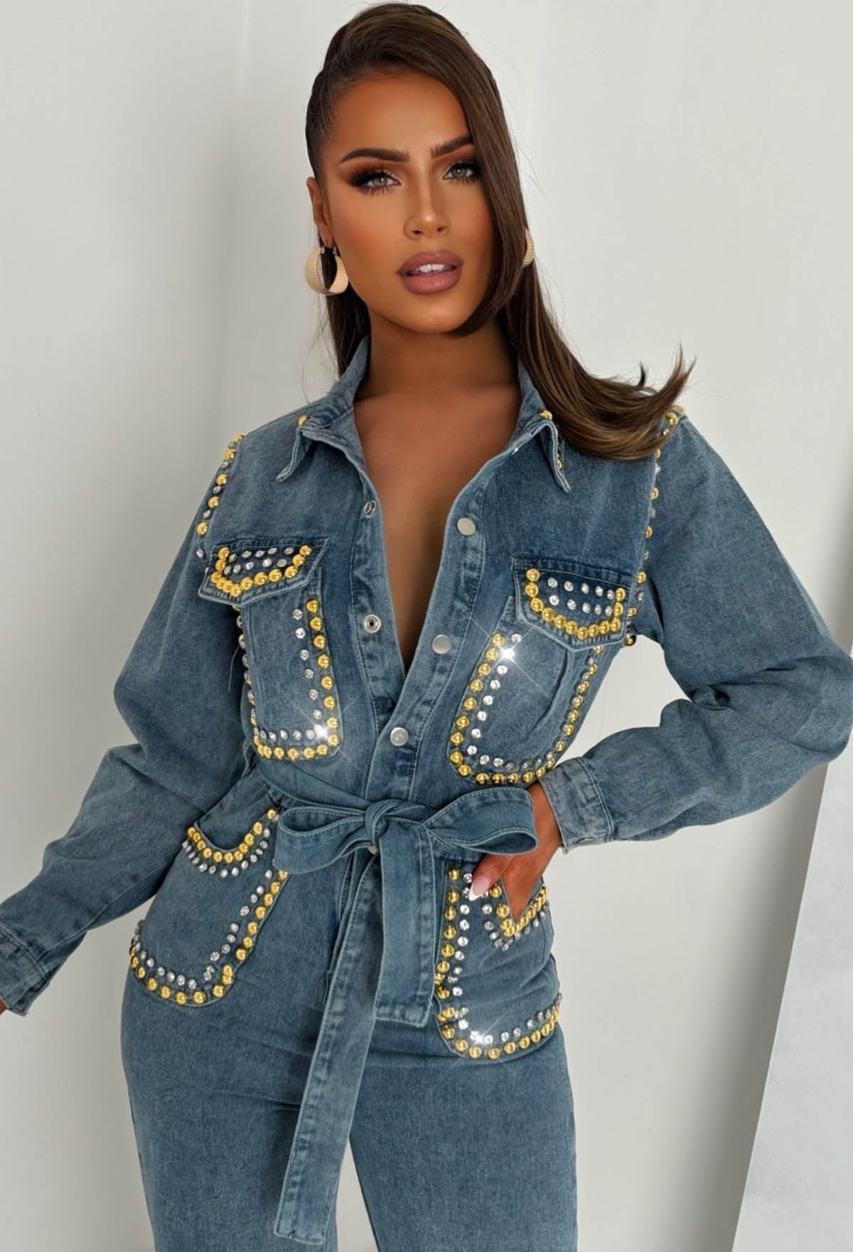 Indigo Icon Mid Wash Stretch Denim Long Sleeve Studded Jumpsuit