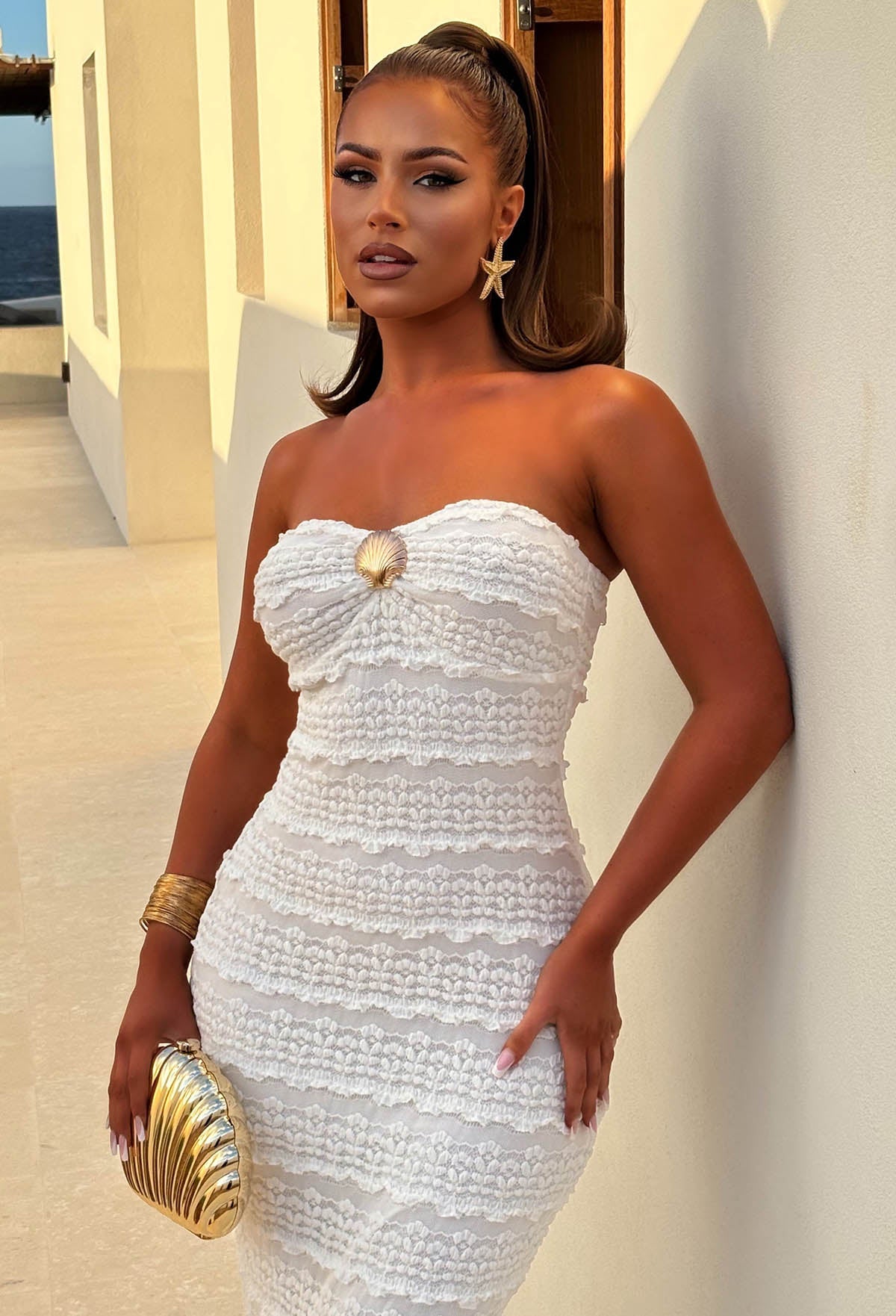 Island Bliss White Shell Lace Bandeau Stretch Maxi Dress