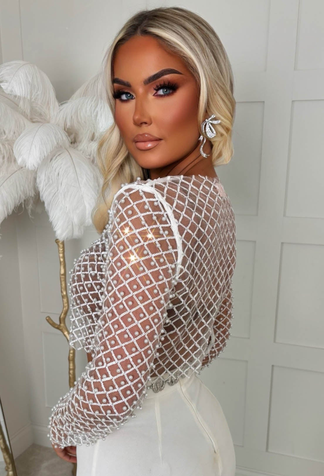 It Girl Season White Sequin Pearl Mesh Top
