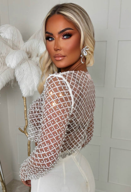 It Girl Season White Sequin Pearl Mesh Top