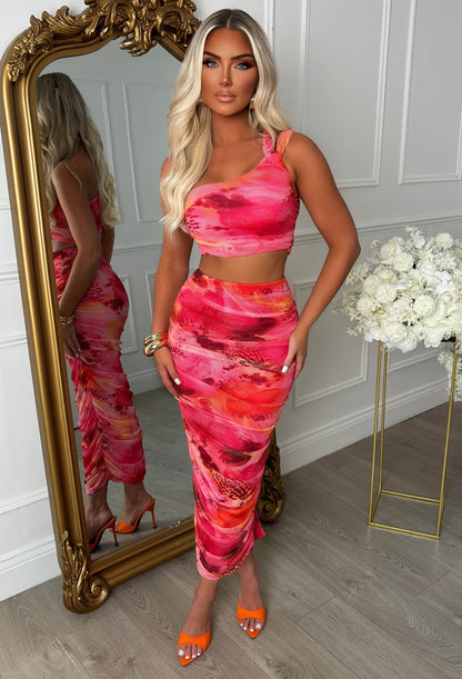 Kailey Pink One Shoulder Ruched Mesh Skirt Co-ord Set