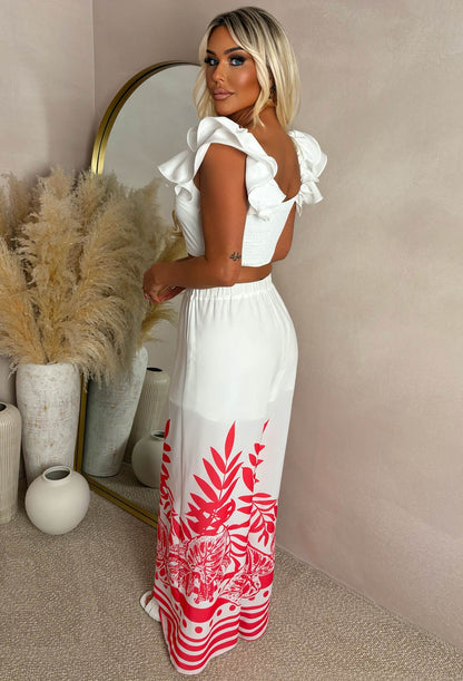 Keep Blooming White Tropical Print Trouser Frill Top Co-Ord