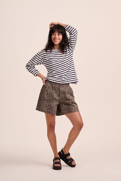 Olive Pleated Denim Shorts - Leopard