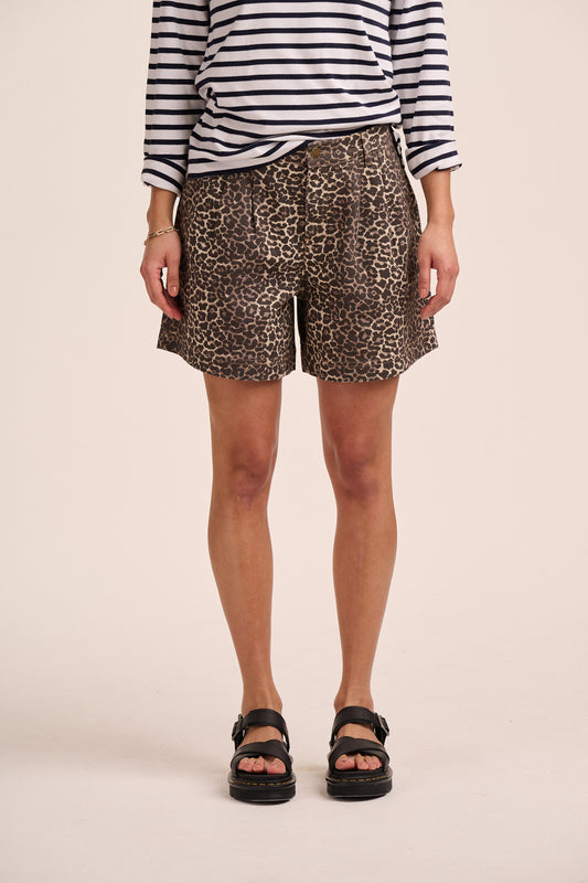 Olive Pleated Denim Shorts - Leopard