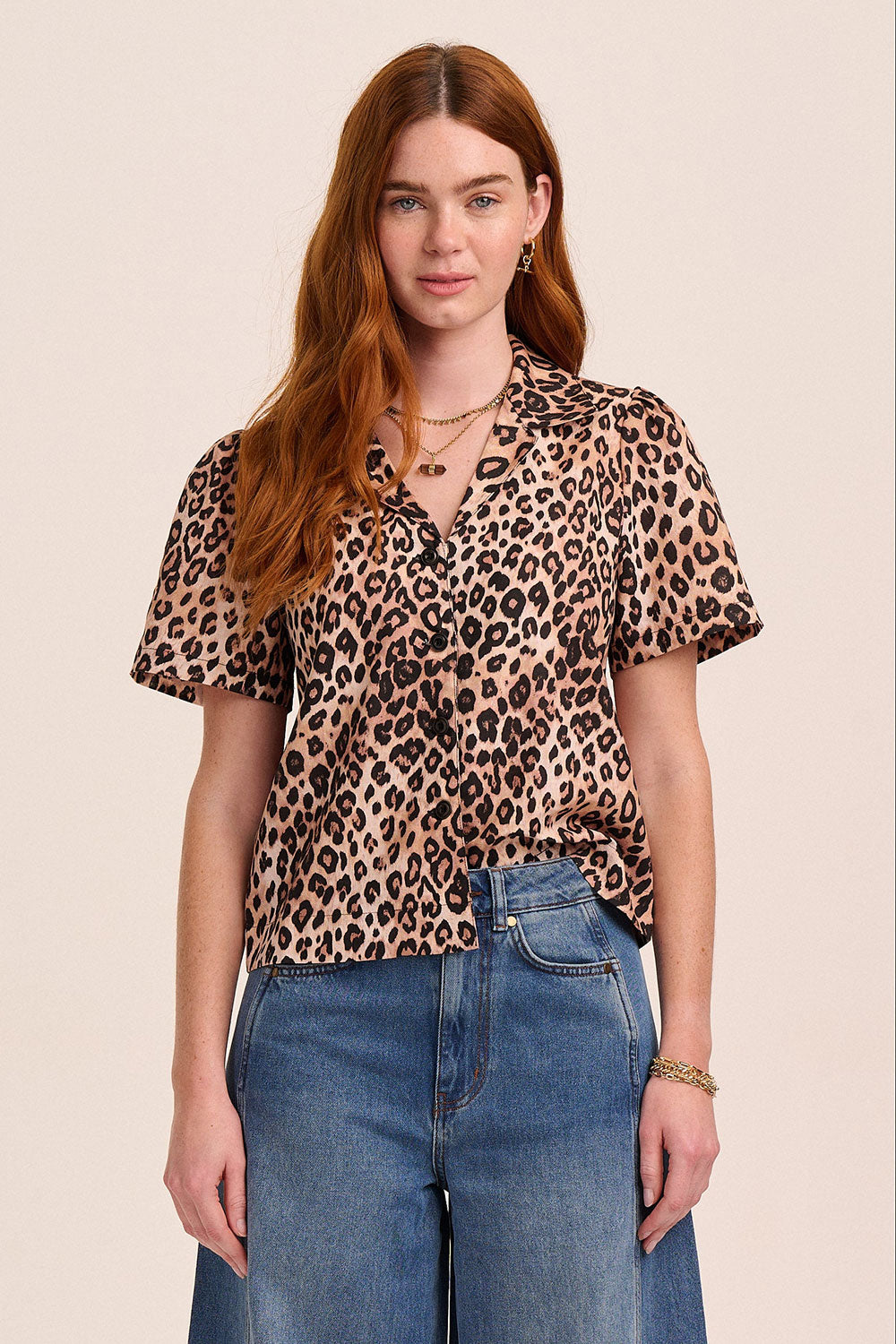 Lola Button Front Leopard Linen Top