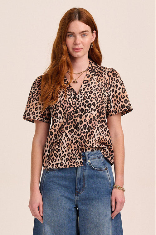 Lola Button Front Leopard Linen Top