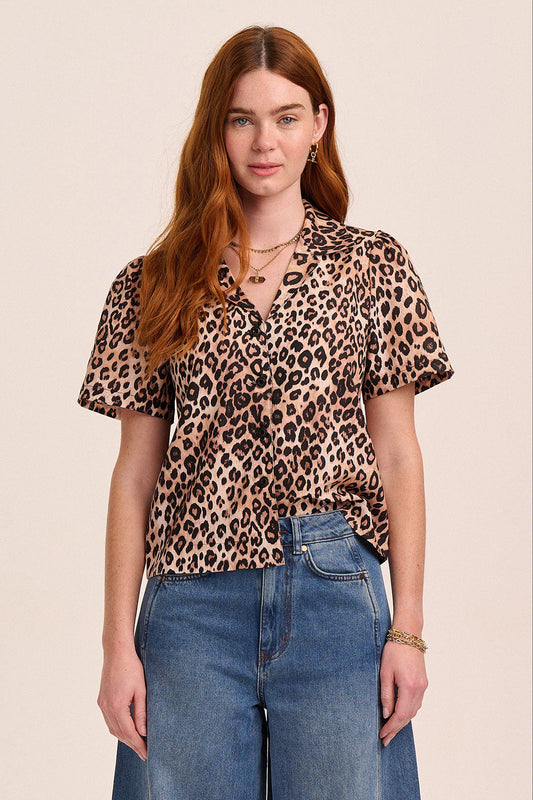 Lola Button Front Leopard Linen Top