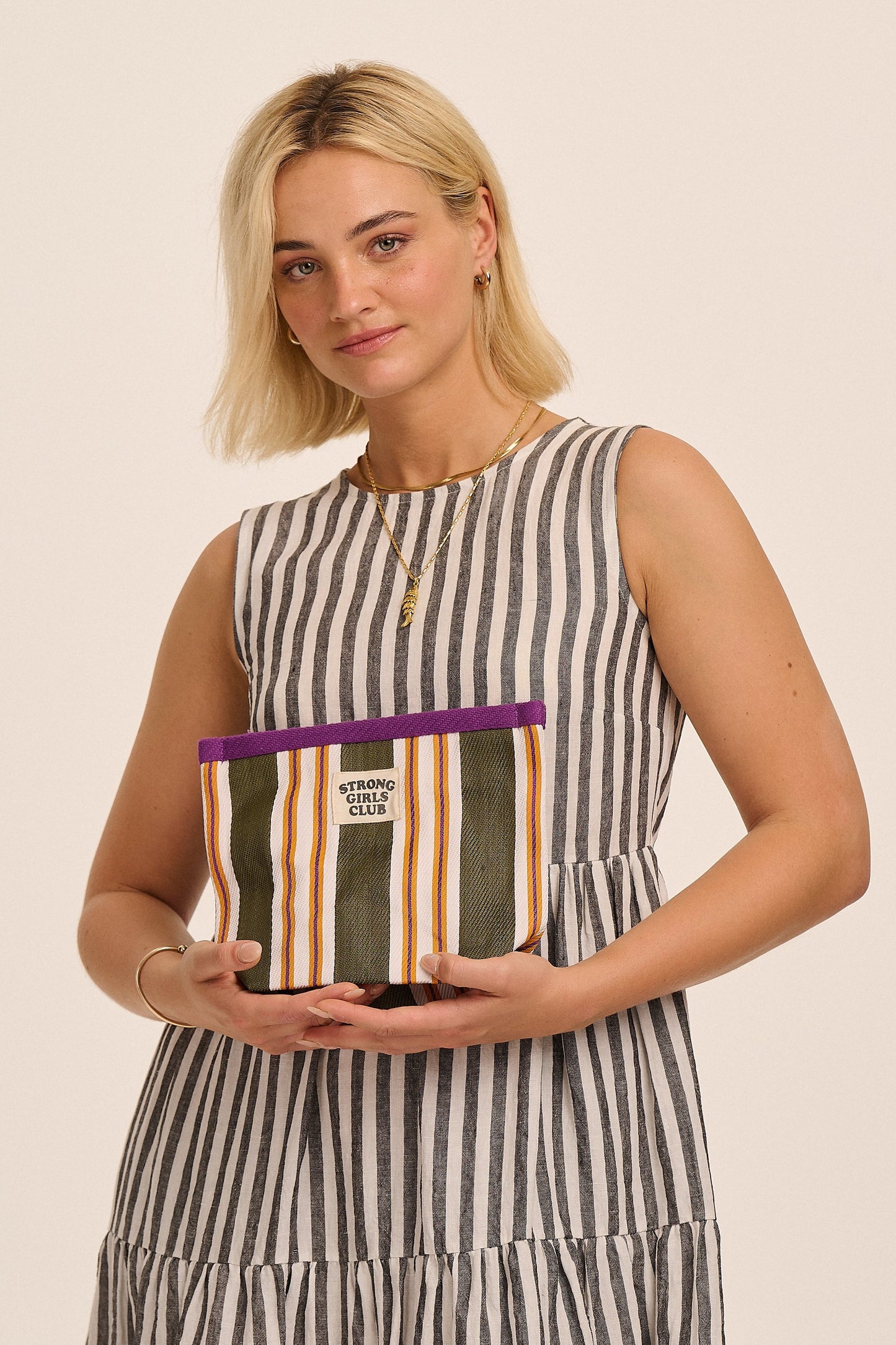 Recycled Nylon Striped Pouch - Green & Orange