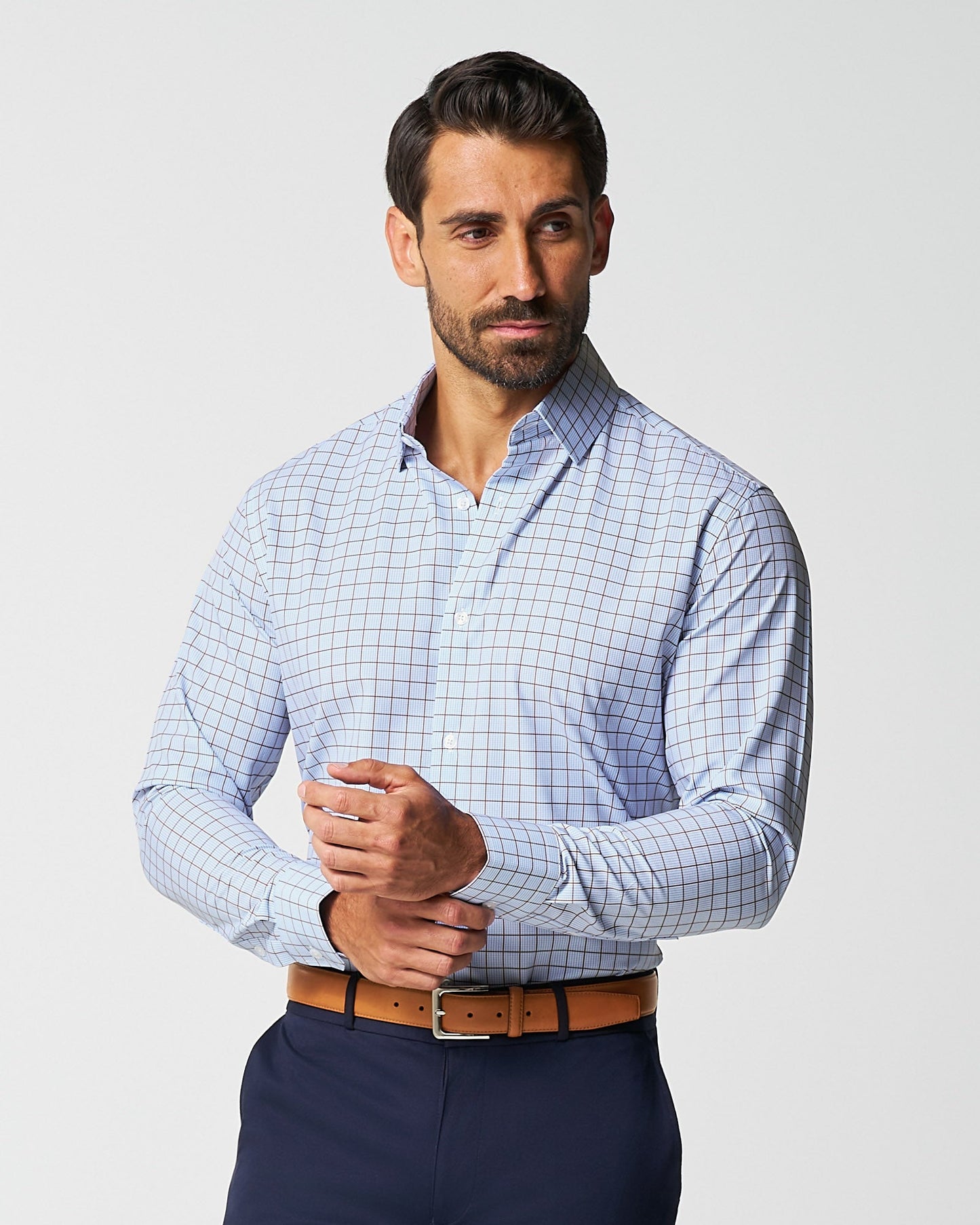 "The Marcus" Brown, White, & Light Blue Windowpane