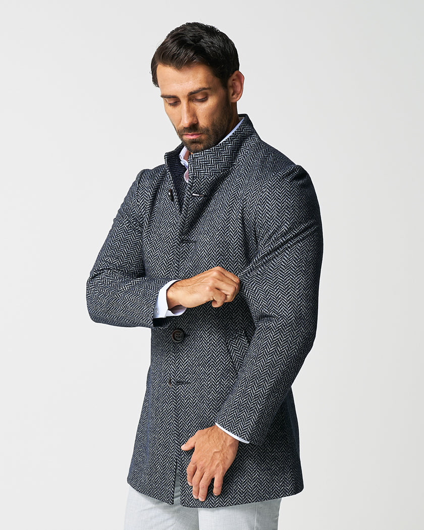 Open Button Overcoat - Navy & Grey Chevron