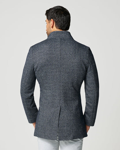 Open Button Overcoat - Navy & Grey Chevron