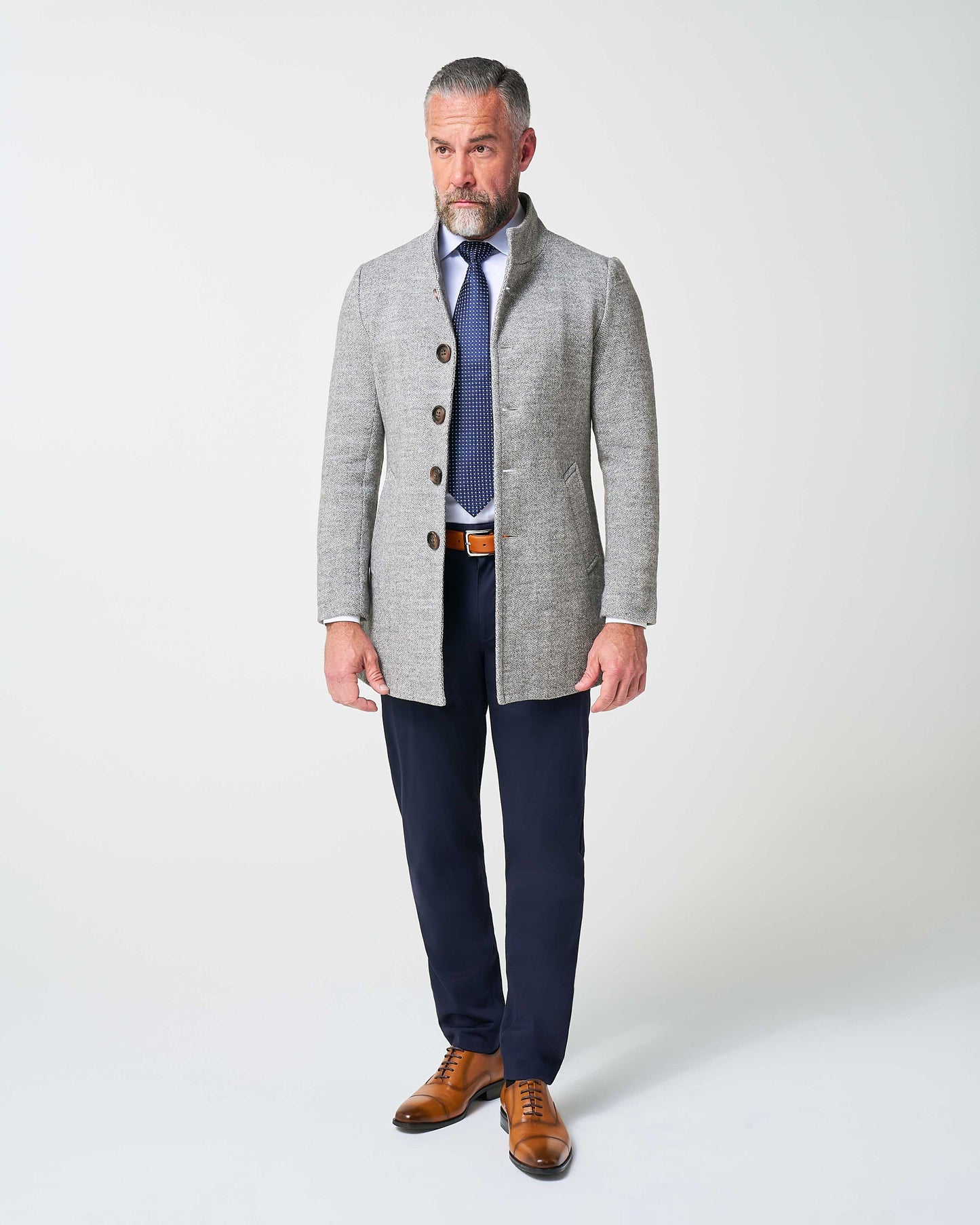Open Button Overcoat - Grey Herringbone