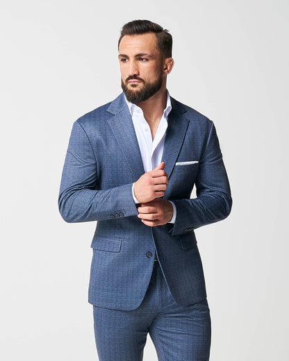 Athletic Fit Stretch Suit - Blue Mini Windowpane with Light Grey Microcheck