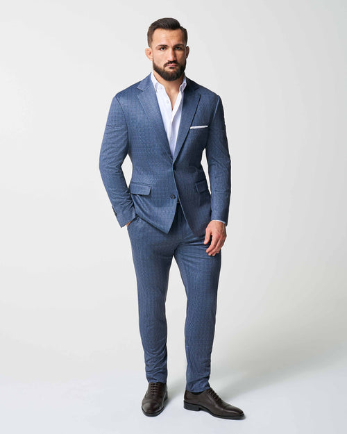 Athletic Fit Stretch Suit - Blue Mini Windowpane with Light Grey Microcheck