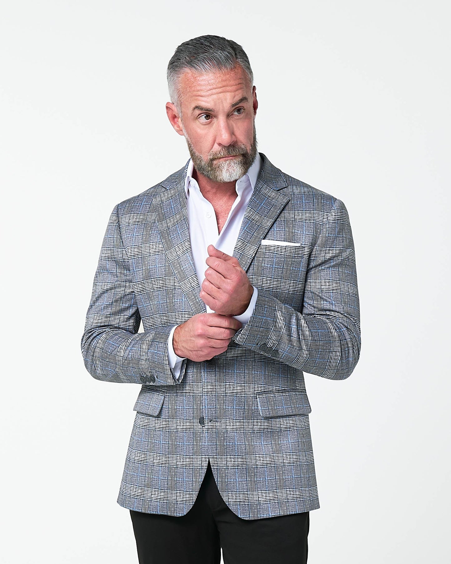 Athletic Fit Stretch Blazer - Grey with Blue Plaid