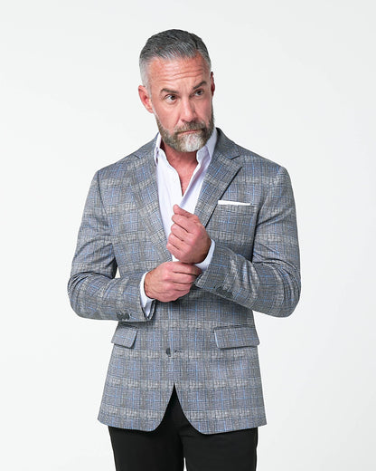 Athletic Fit Stretch Blazer - Grey with Blue Plaid