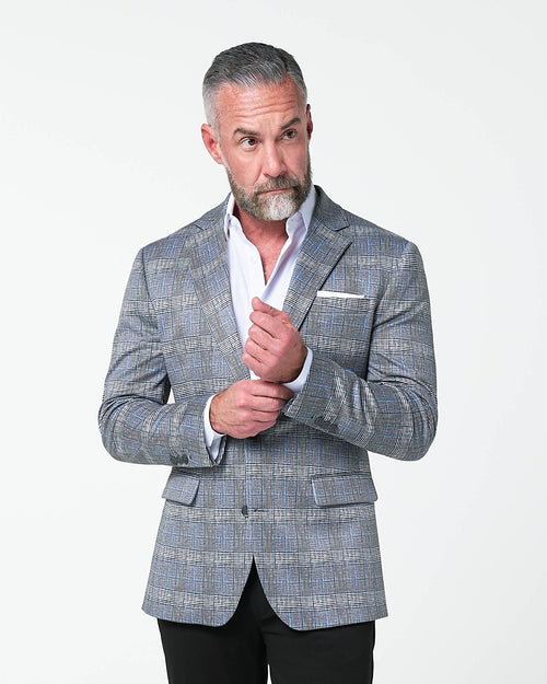Athletic Fit Stretch Blazer - Grey with Blue Plaid