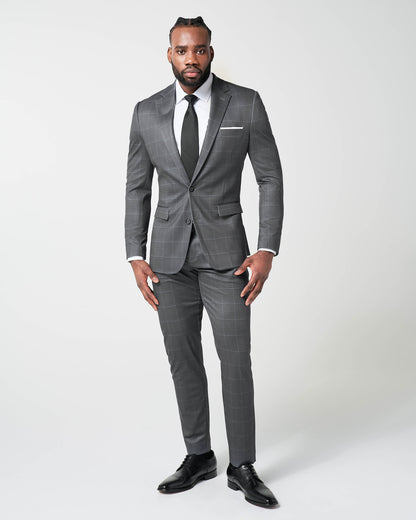 Athletic Fit Stretch Blazer - Grey and White Big Windowpane