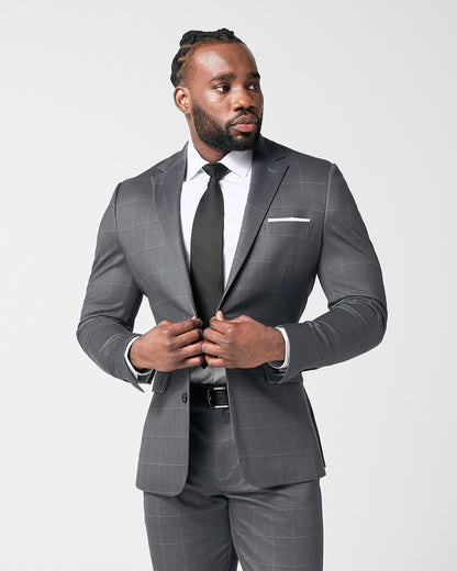 Athletic Fit Stretch Blazer - Grey and White Big Windowpane