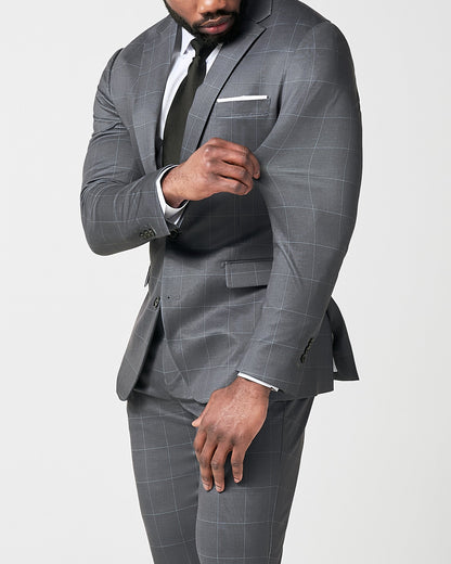 Athletic Fit Stretch Blazer - Grey and White Big Windowpane