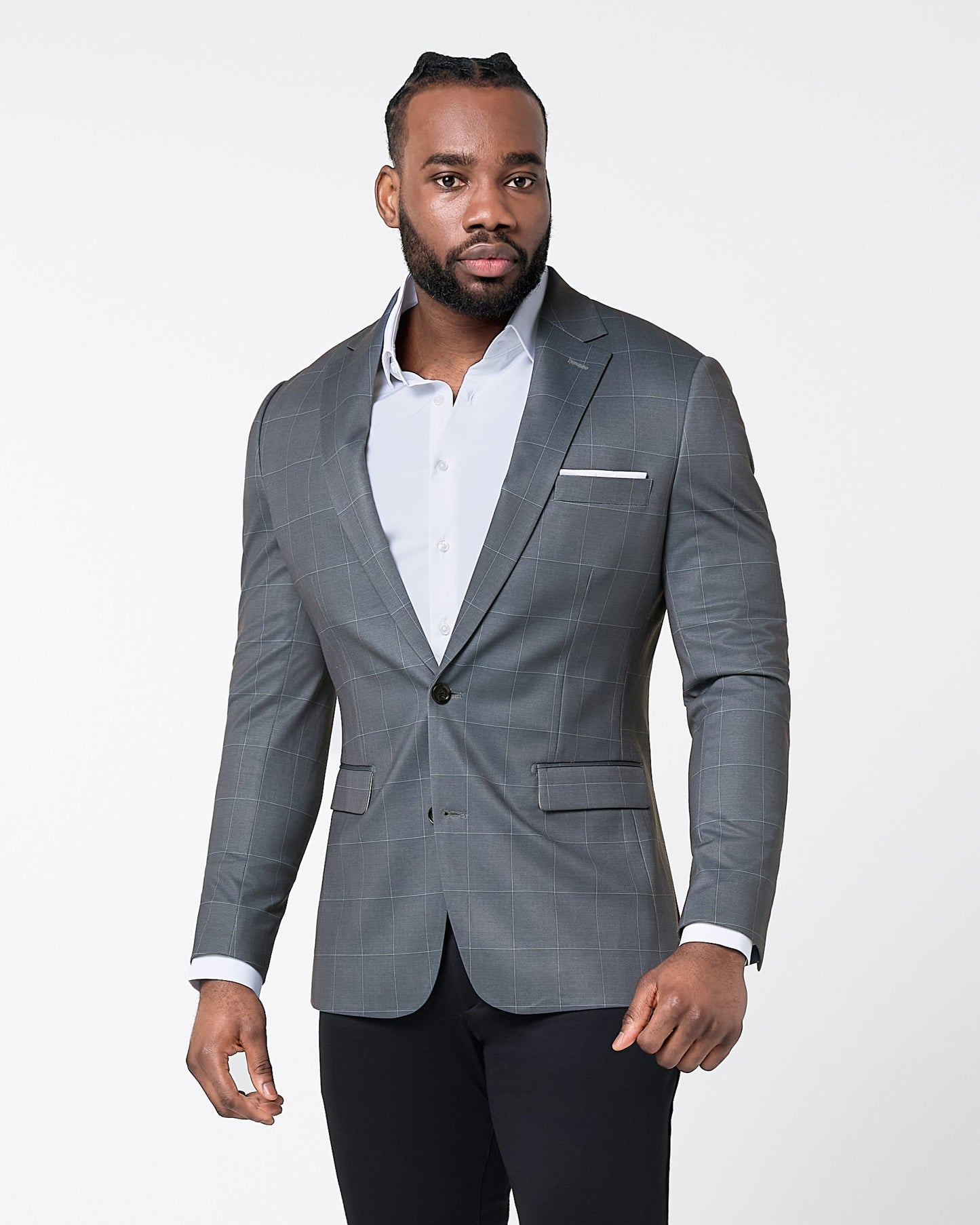 Athletic Fit Stretch Blazer - Grey and White Big Windowpane
