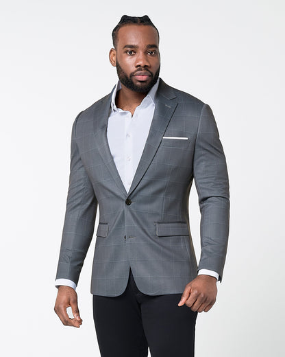 Athletic Fit Stretch Blazer - Grey and White Big Windowpane