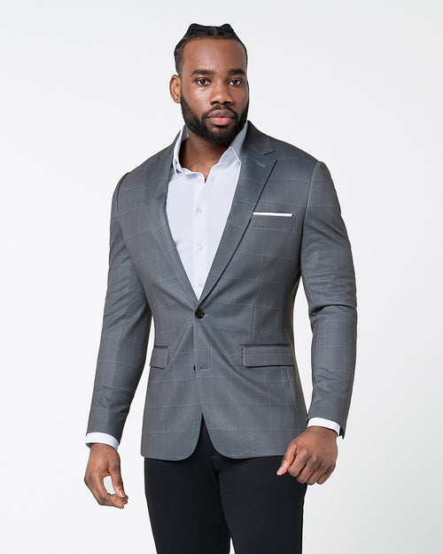 Athletic Fit Stretch Blazer - Grey and White Big Windowpane