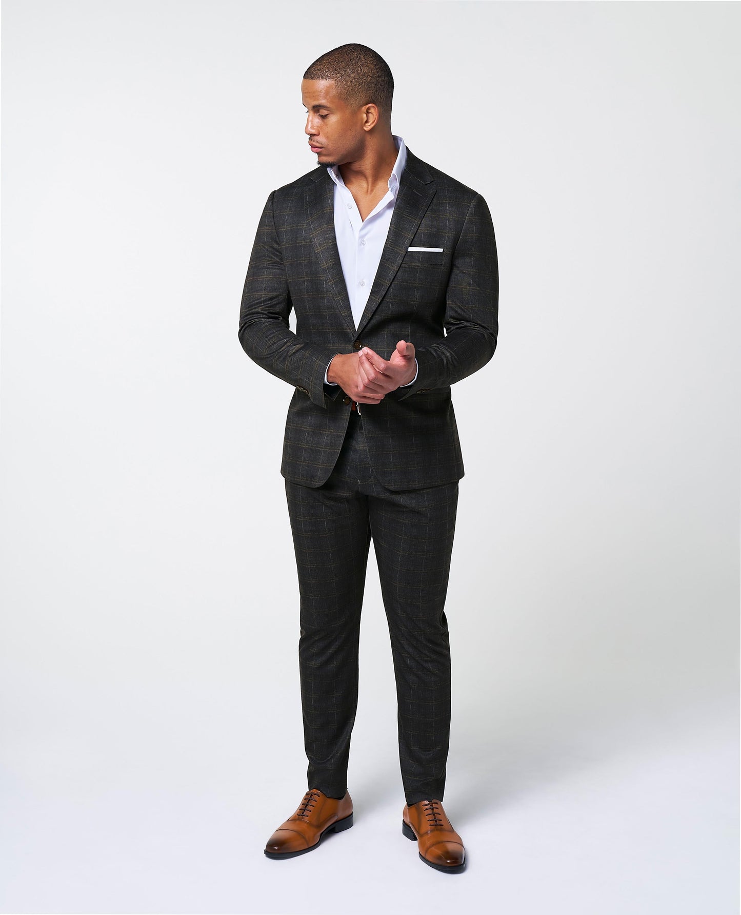 Athletic Fit Stretch Suit Pants - Brown Plaid