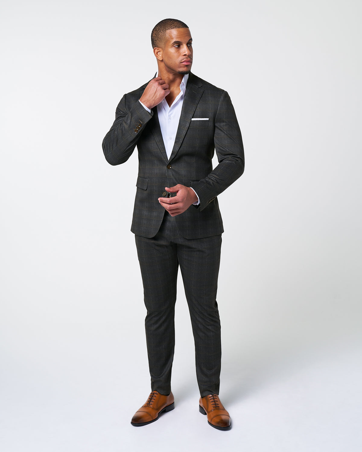 Athletic Fit Stretch Suit Pants - Brown Plaid