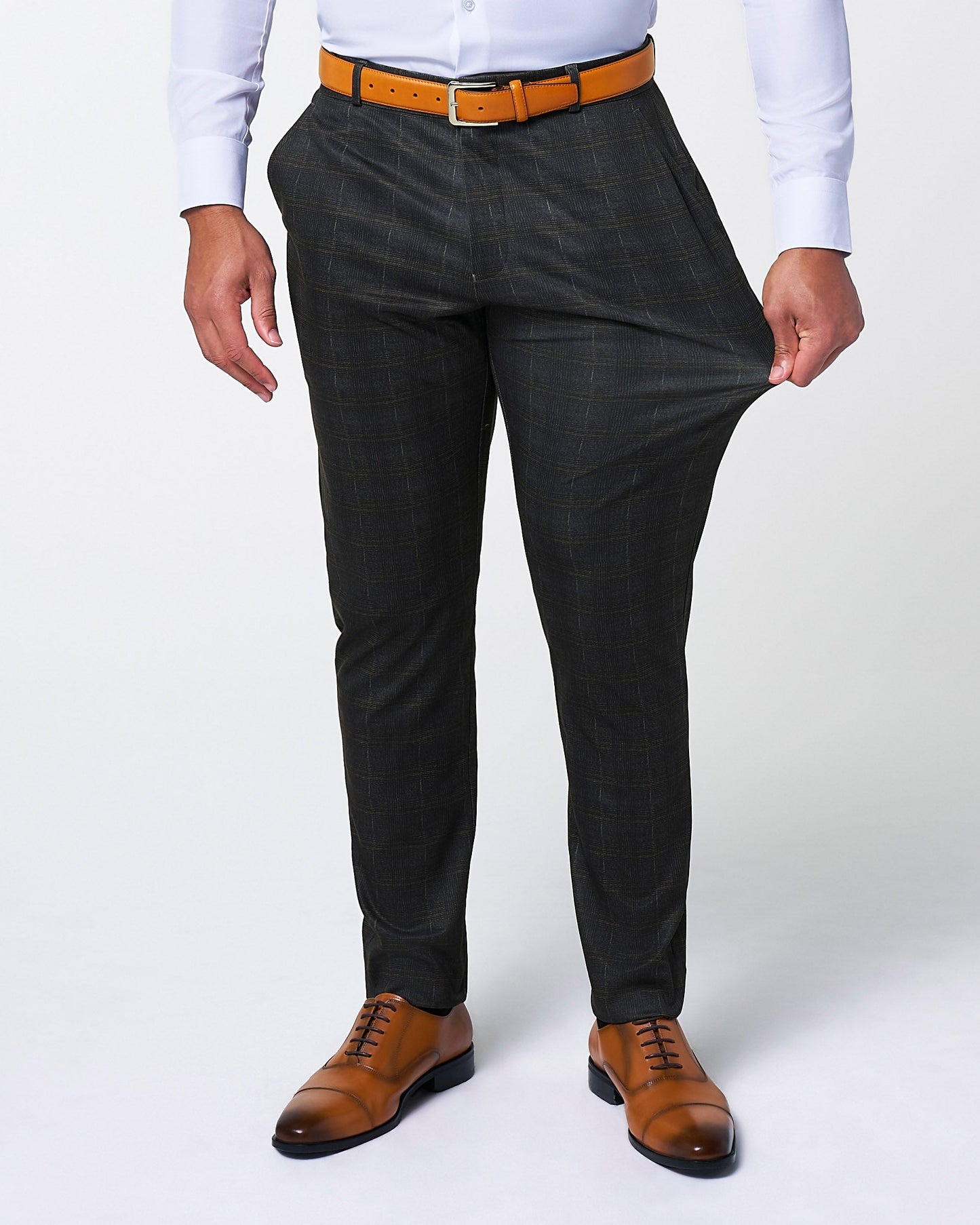 Athletic Fit Stretch Suit Pants - Brown Plaid