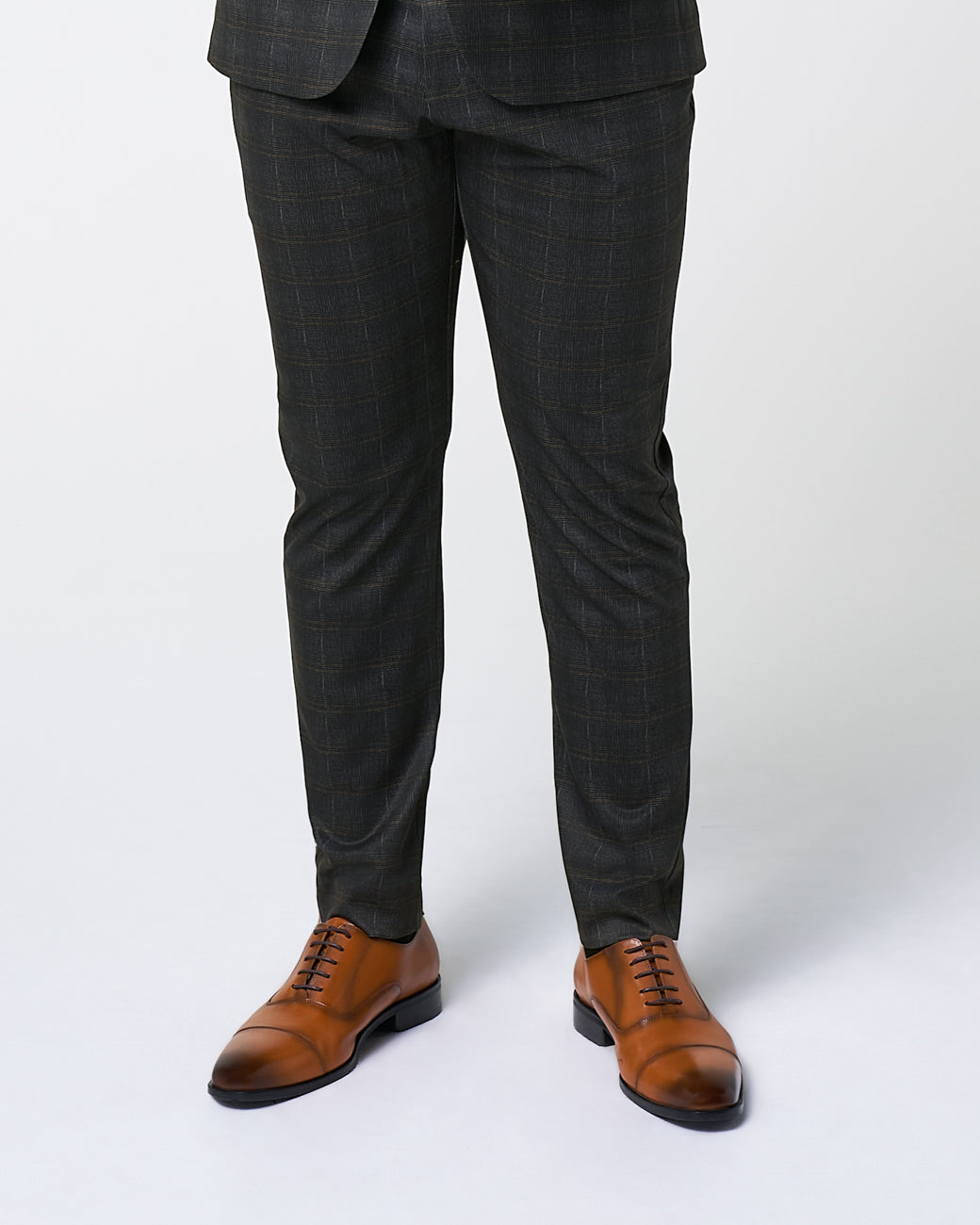 Athletic Fit Stretch Suit Pants - Brown Plaid
