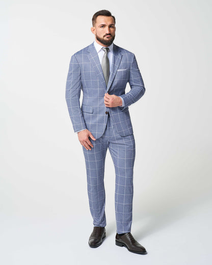 Athletic Fit Stretch Suit - Textured Light Blue with White Windowpane
