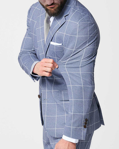 Athletic Fit Stretch Suit - Textured Light Blue with White Windowpane